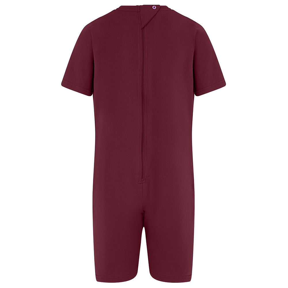 A short-sleeve burgundy one-piece jumpsuit or romper shown from the back, featuring a full-length zipper and a small button closure at the neck, displayed on a solid white background.