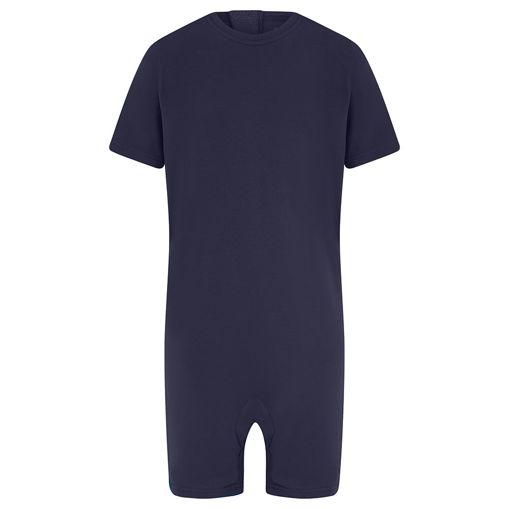 A dark navy blue short-sleeve one-piece romper with a crew neck, shown against a plain white background.