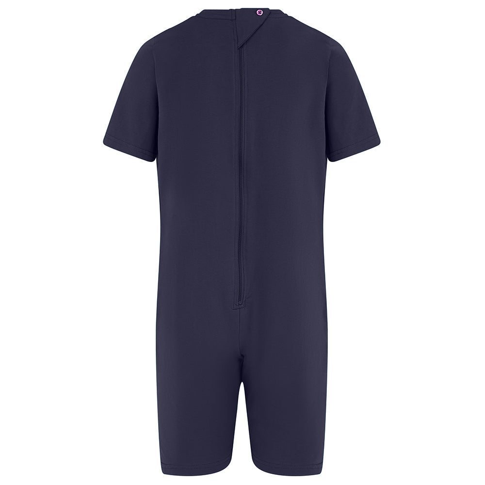A dark navy blue short-sleeve one-piece romper with a front zipper, shown from the back on a plain white background.