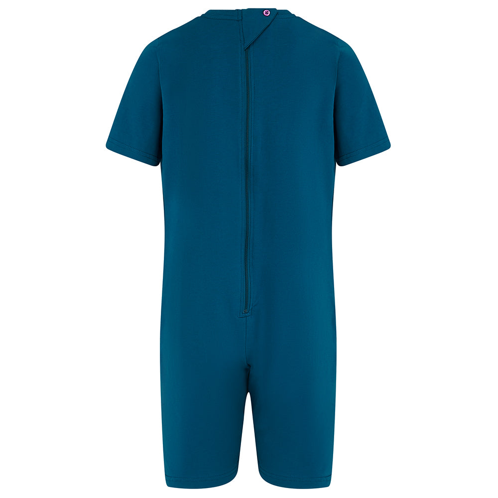 A short-sleeve one-piece jumpsuit in a deep teal blue color, shown from the back against a plain white background.
