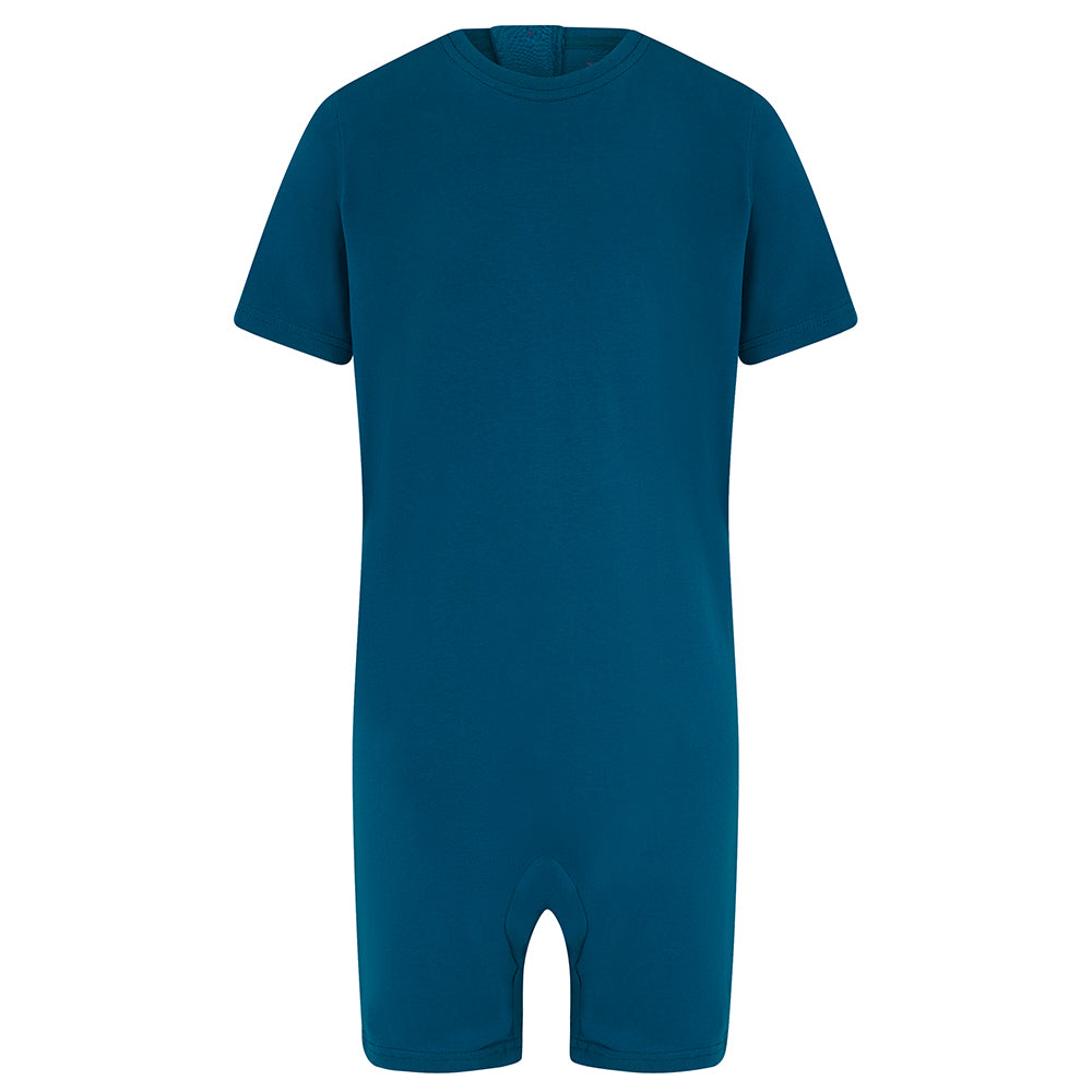 A solid teal short-sleeve jumpsuit or romper with a crew neck, shown on a plain white background.