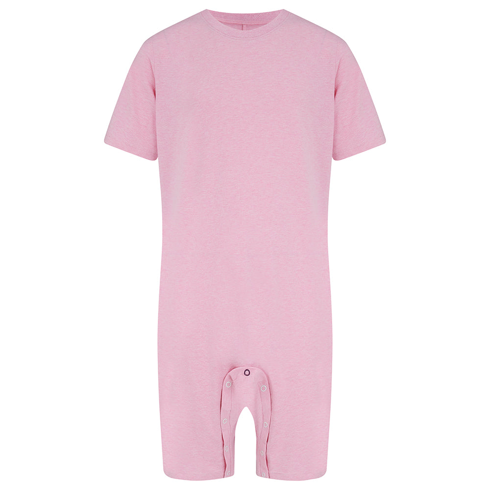 A light pink short-sleeve  adults bodysuit with an open crotch and snap closures at the bottom, shown against a plain white background.