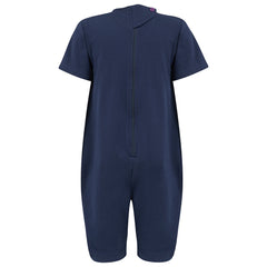 Navy blue bodysuit with a zipper on a white background