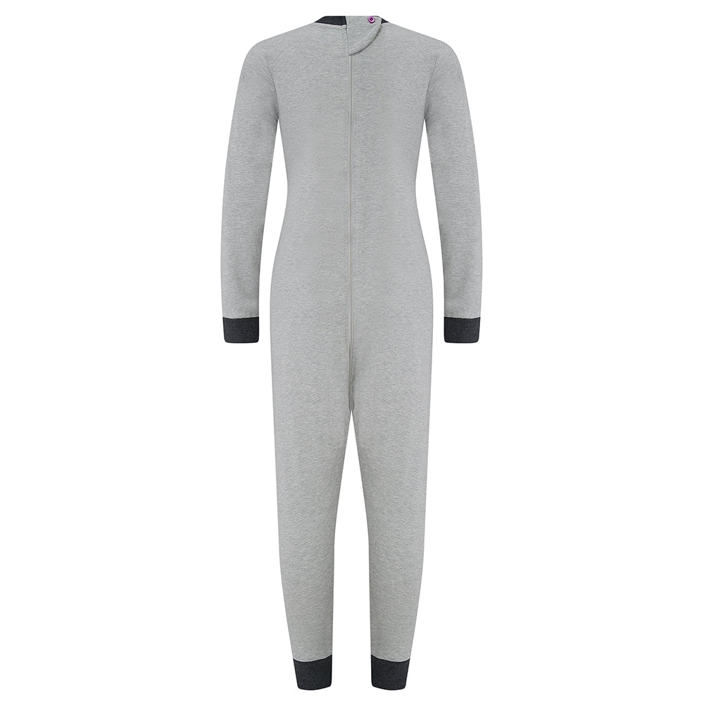 Gray onesie with black cuffs and hem on a white background