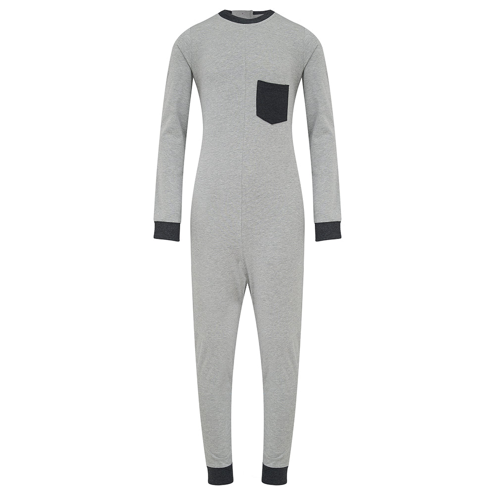A light gray long-sleeve one-piece pajama with a dark gray chest pocket and dark gray ribbed cuffs and hem, shown on a plain white background.