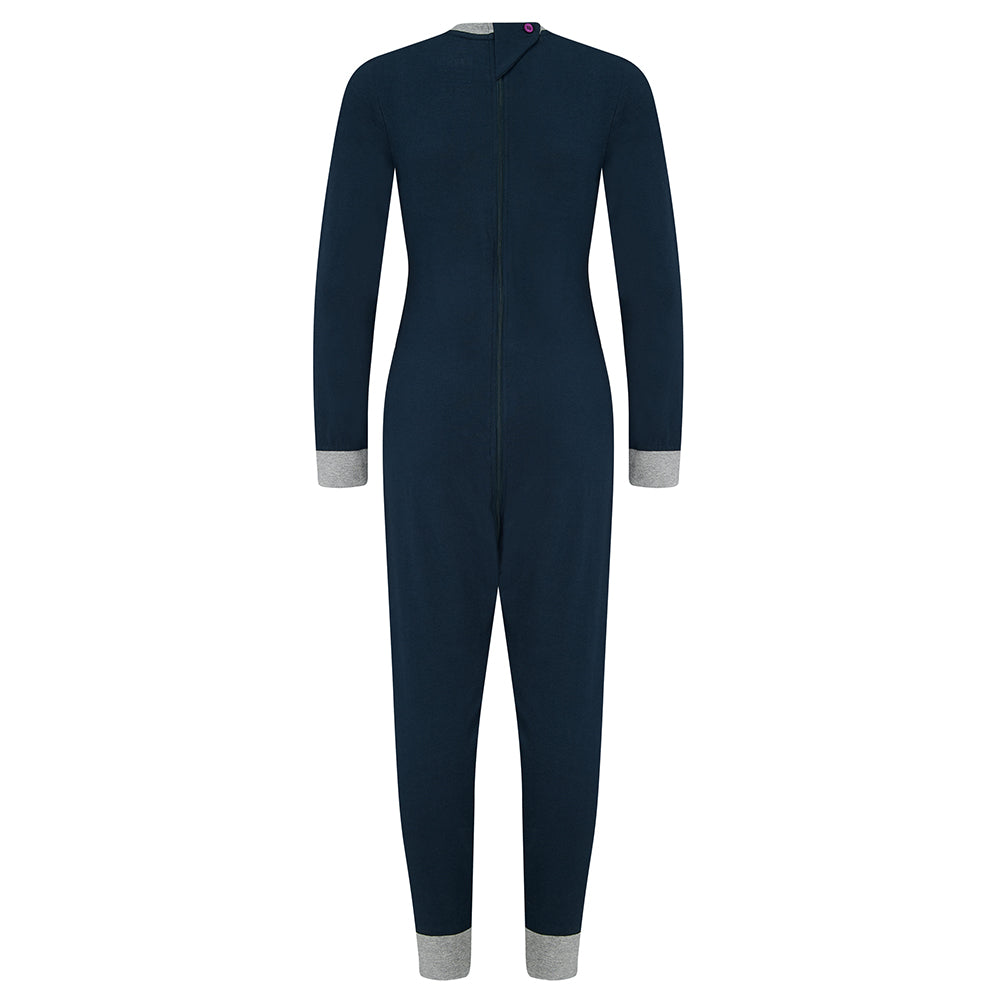 Navy blue onesie with gray cuffs and hem on a white background