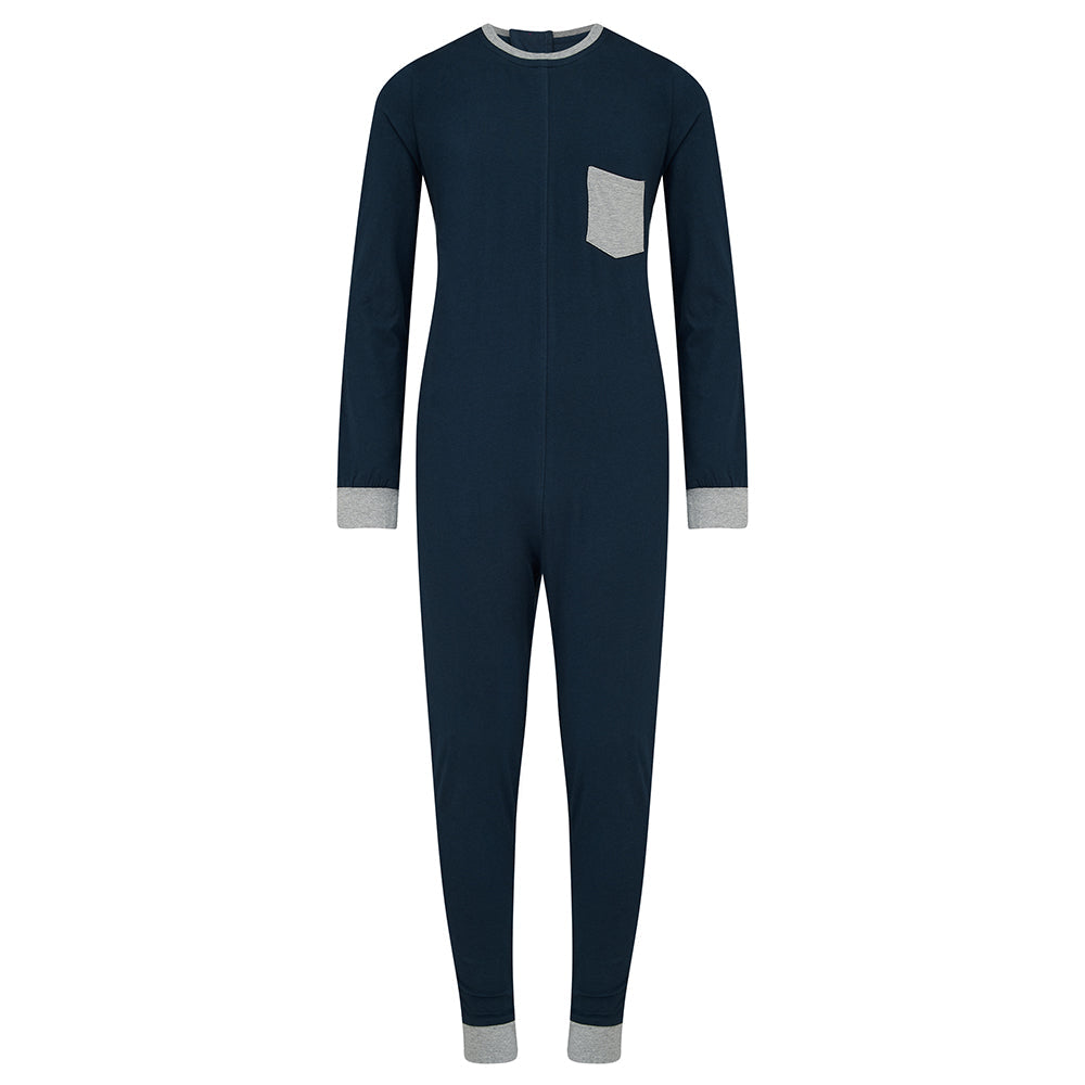 Navy blue onesie with gray trim on a white background