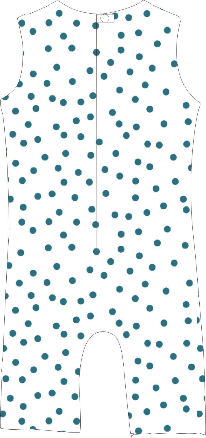 White sleeveless garment with blue polka dots on a white background