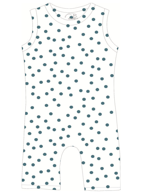 White sleeveless romper with blue polka dots on a white background