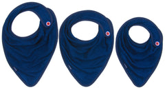 Three navy blue bibs in different sizes arranged side by side on a plain white background. Each bib has a small circular red and white logo near the collar.