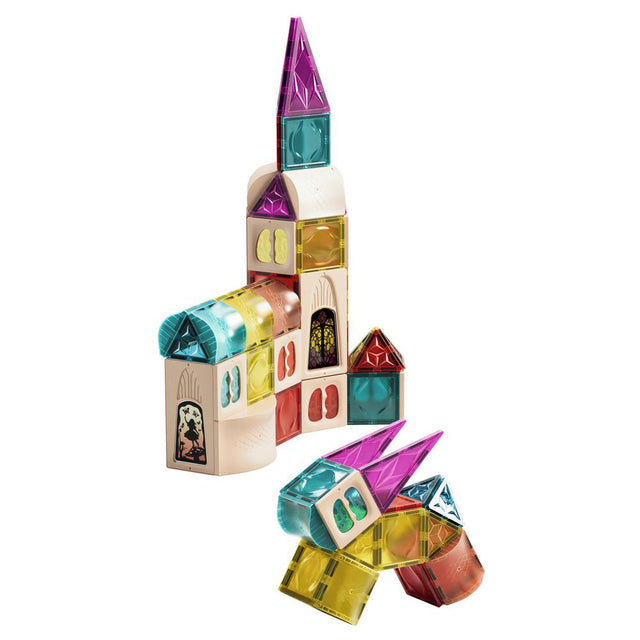 Colorful magnetic building blocks on a white background