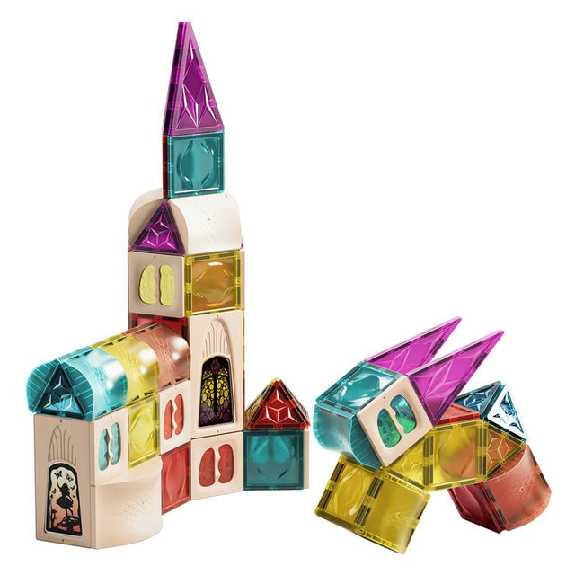 Colorful magnetic building block set on a white background