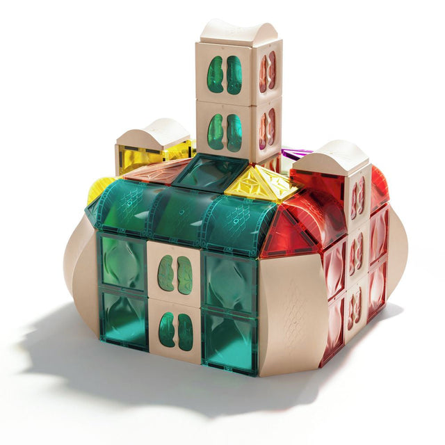 Colorful transparent building block set on a white background