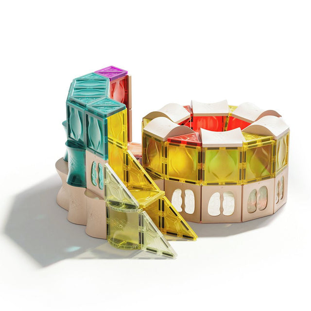Colorful geometric building blocks on a white background