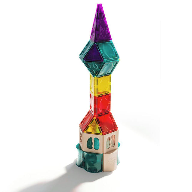 Colorful geometric tower toy on a white background