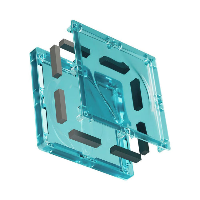 Turquoise plastic bracket with black components on a white background