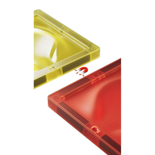 Yellow triangular object and red rectangular object on a white background