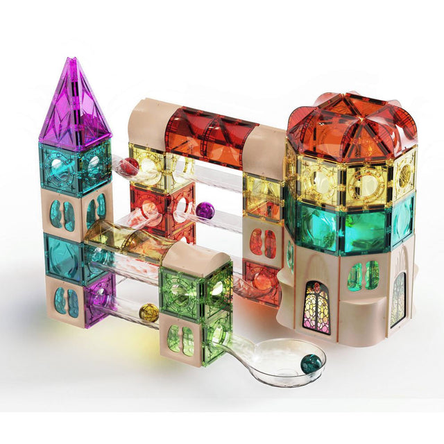 Colorful marble run toy set on a white background