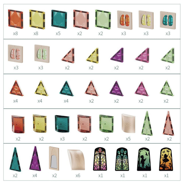 A product grid showing multiple decorative glass tiles and ornaments in assorted colors, with quantity labels such as x8, x5, x2, x3, and x4 beneath each item on a white background.