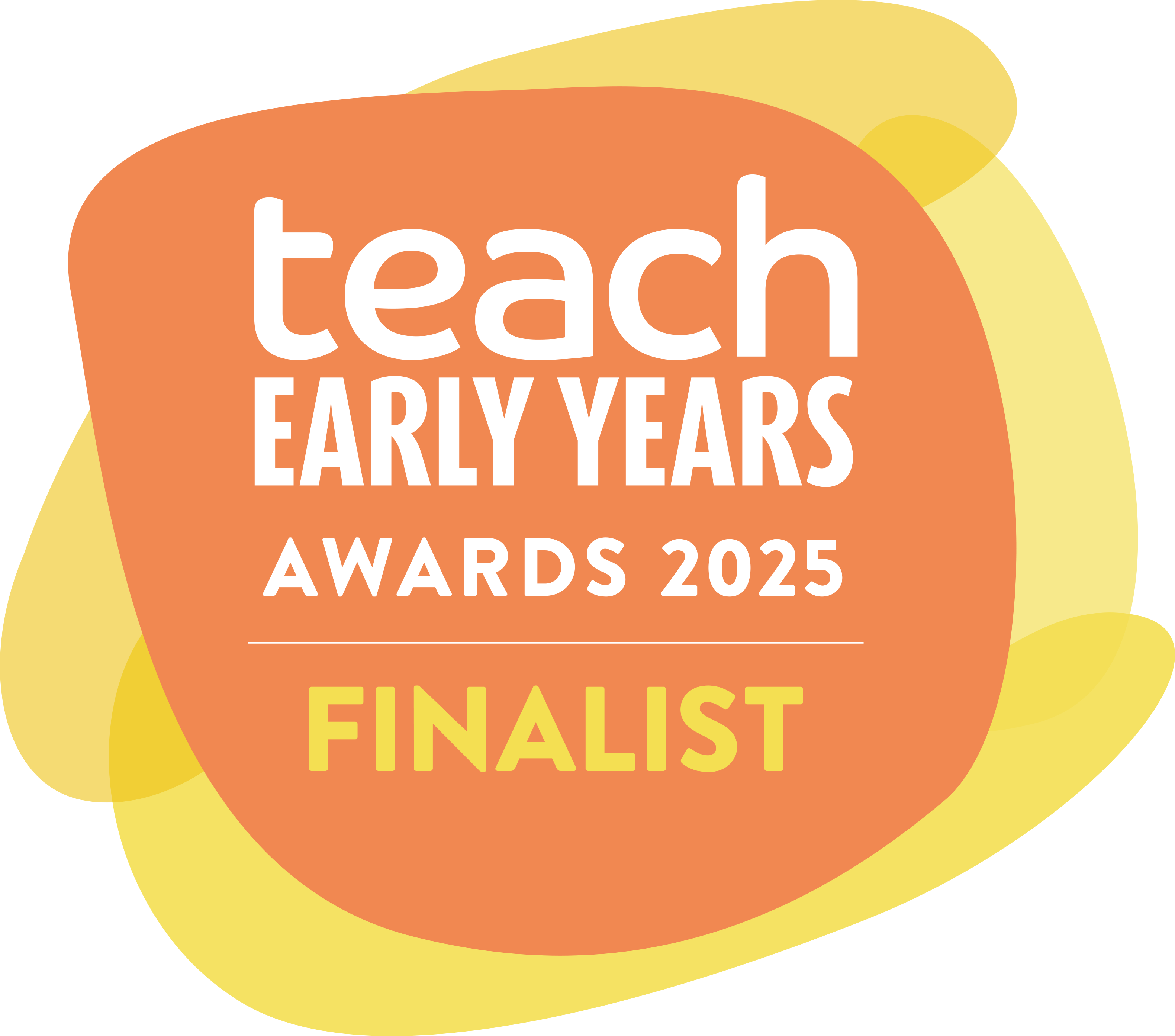 Logo for Teach Early Years Awards 2025 Finalist with orange and yellow design.