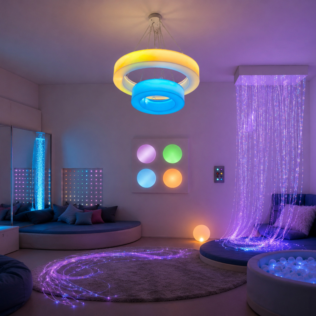 A modern living room with ambient LED lighting, featuring a multi-ring chandelier in yellow, white, and blue, a purple fiber-optic curtain, glowing accent lights, and a circular rug on a plush rug.
