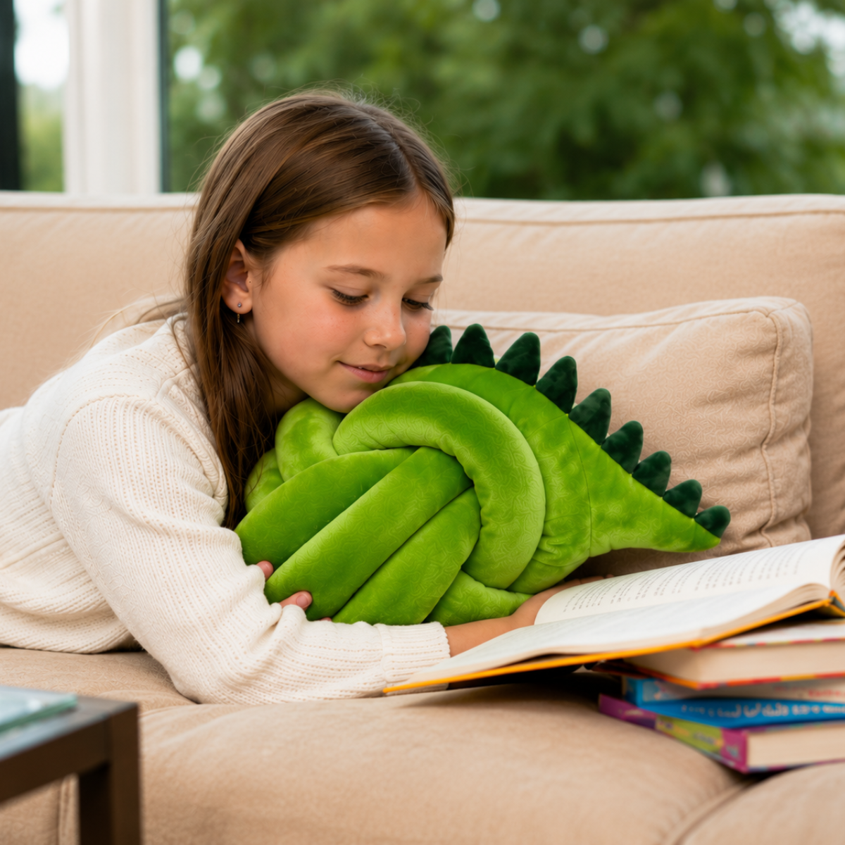 girl reading leaning on green crocodile cuddle ball
