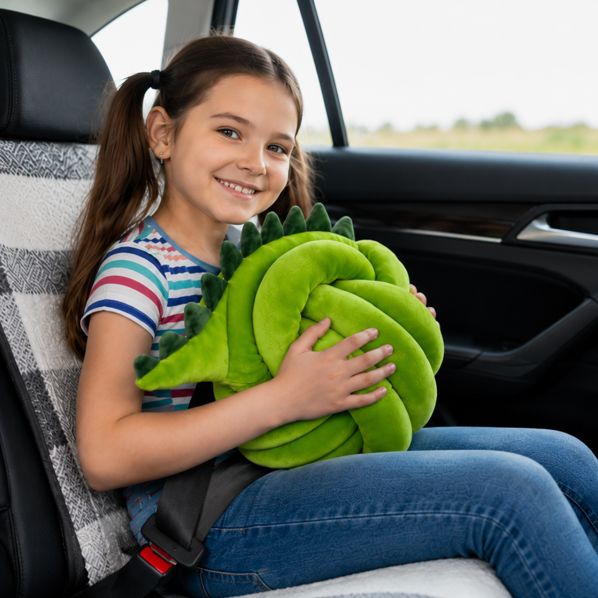 girl sat in car with green crocodile cuddle ball