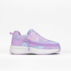 Multicolored sneaker with a white sole on a light gray background
