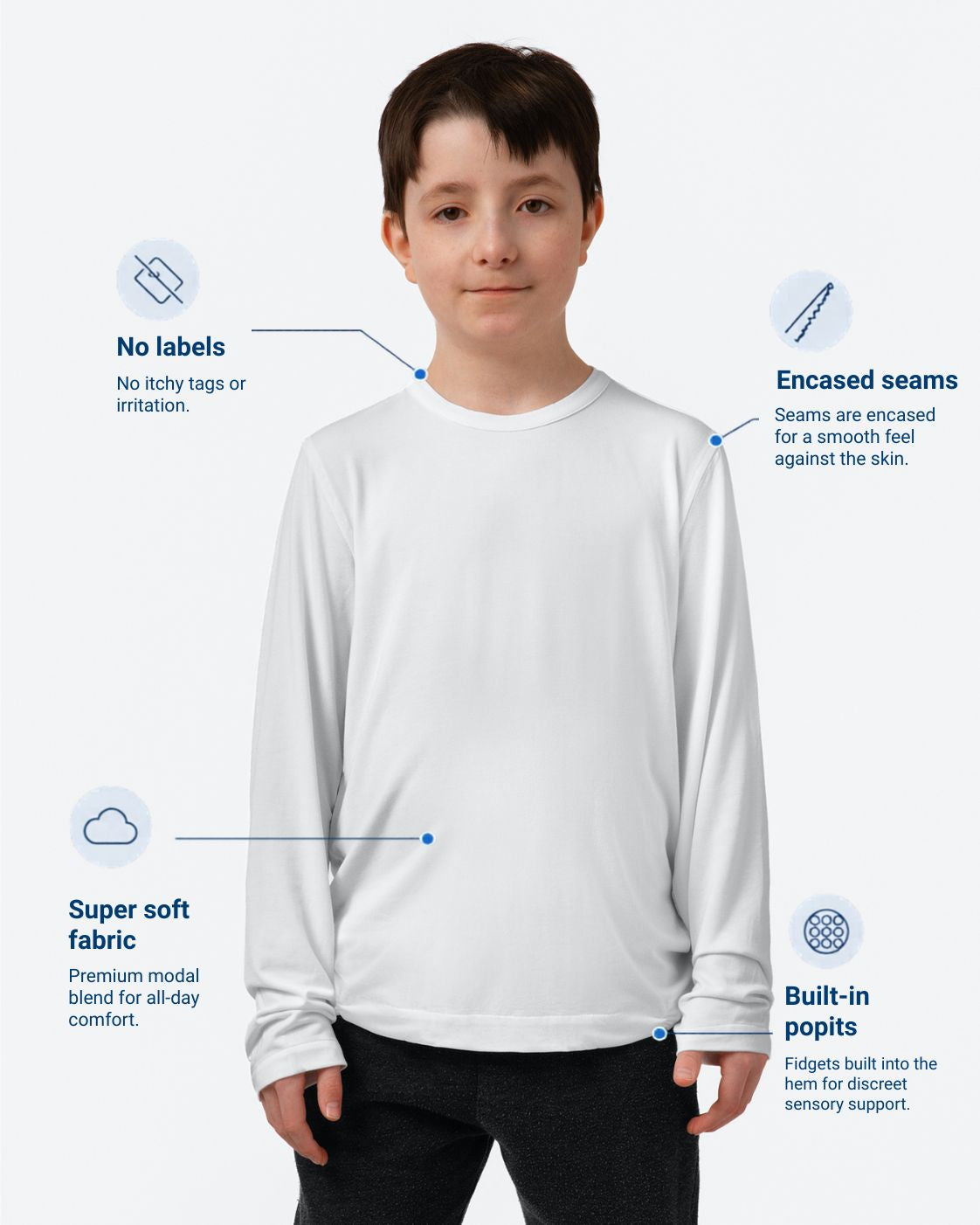 Child wearing a white long-sleeve shirt with text highlighting features on a white background