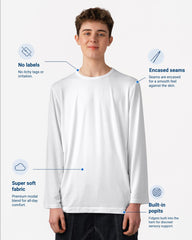 Person wearing a white long-sleeve shirt with text highlighting features like no labels, encased seams, super soft fabric, and built-in popits.