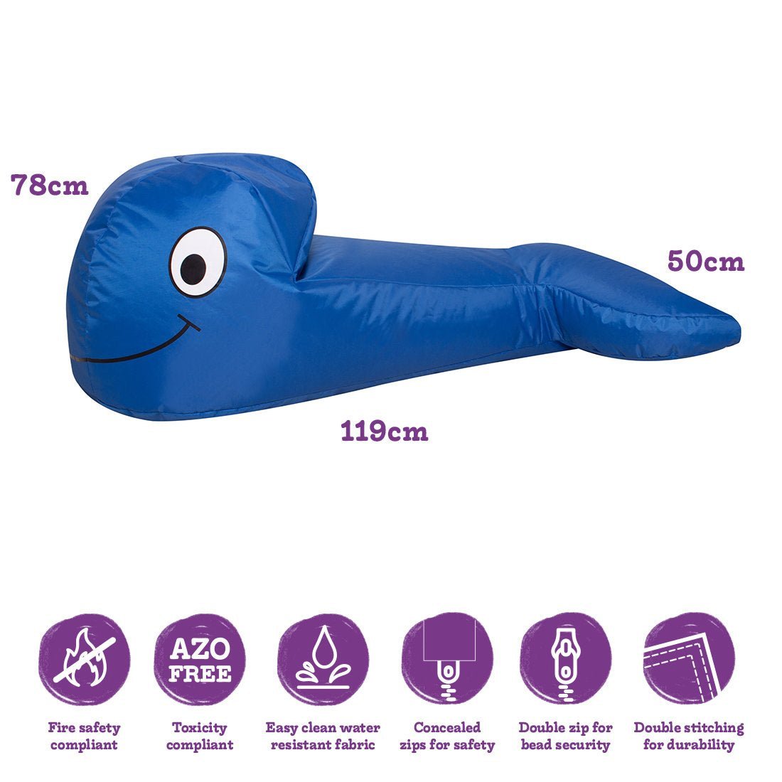 BazZoo Sea Life Whale Bean Bag Chair, Ocean Inspired Reading Nook - Sensory Equipment