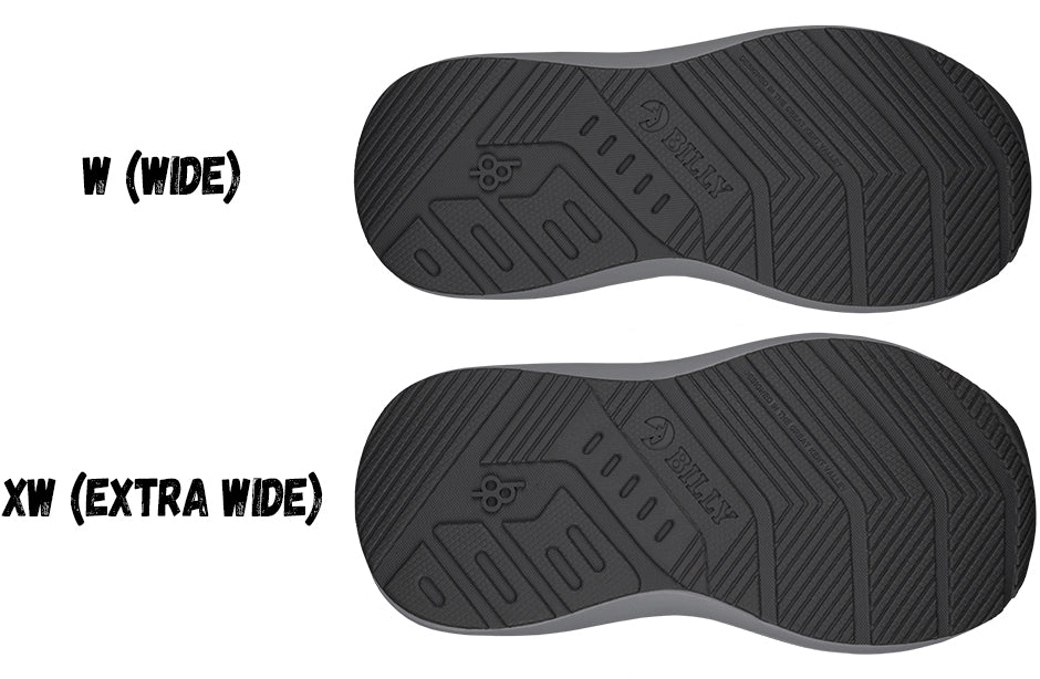 Top and bottom views of a wide and extra-wide shoe sole on a white background