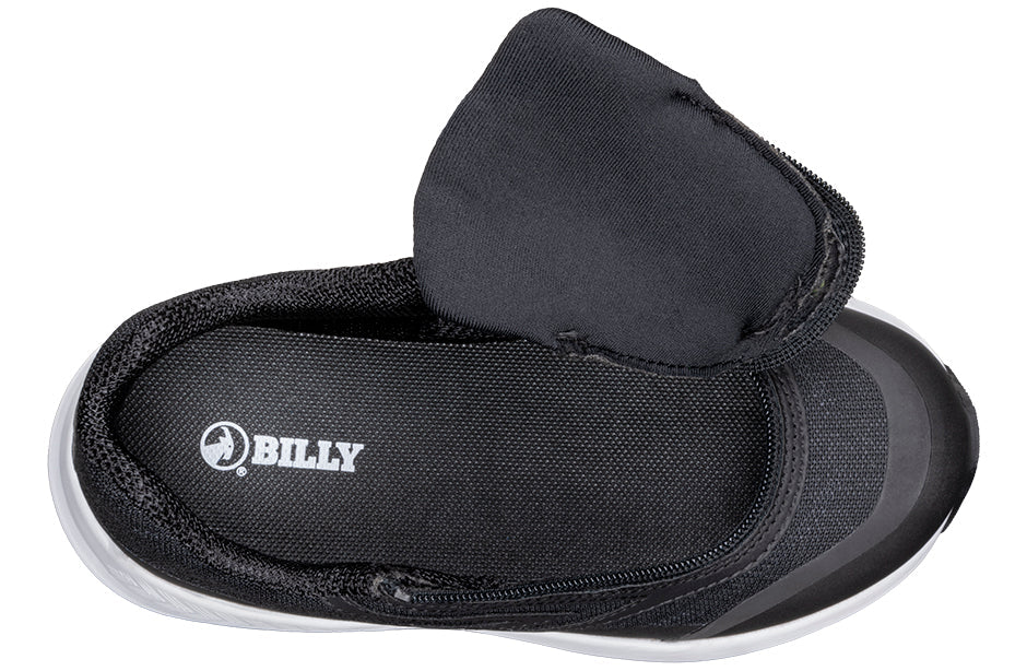 Black sandal with white sole and 'BILLY' logo on a white background