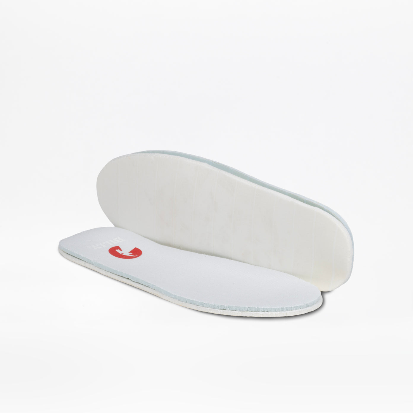 White shoe insoles with a red logo on a white background
