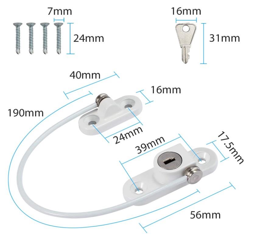 190mm Locking Window Cable Restrictor, Oval dimensions