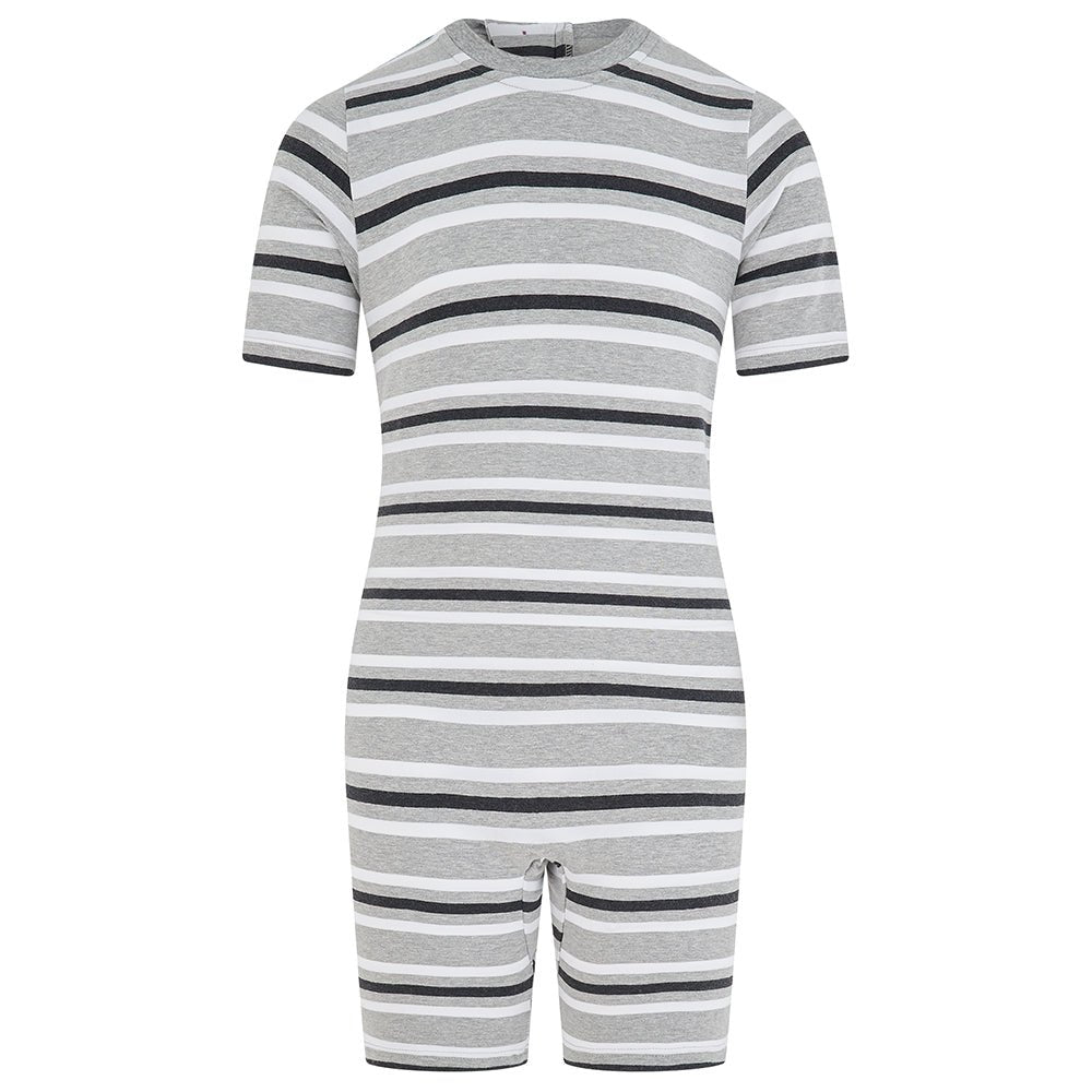 KayCey® Signature Stripes Short Sleeve Knee Length Zip Back Jumpsuit - Bodyvests and Sleepwear