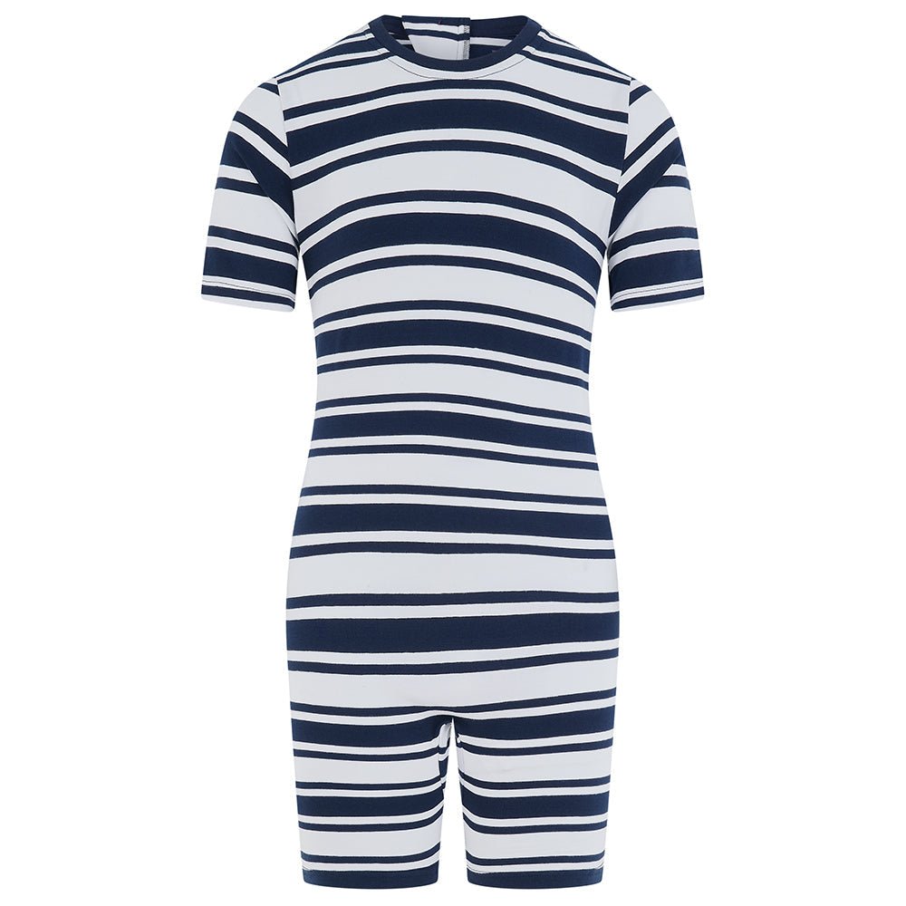 KayCey® Signature Stripes Short Sleeve Knee Length Zip Back Jumpsuit - Bodyvests and Sleepwear