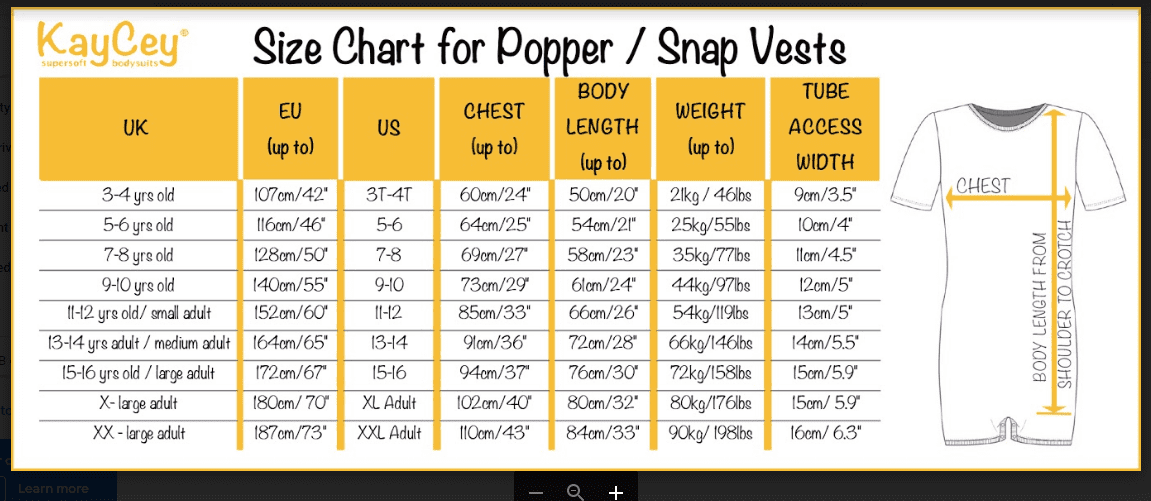 A size chart graphic for KayCee Popper / Snap Vests, showing a UK, EU, US, Chest, Body Length, Weight, and Tube Access Width table alongside a white line-art vest illustration with a measurement arrow.
