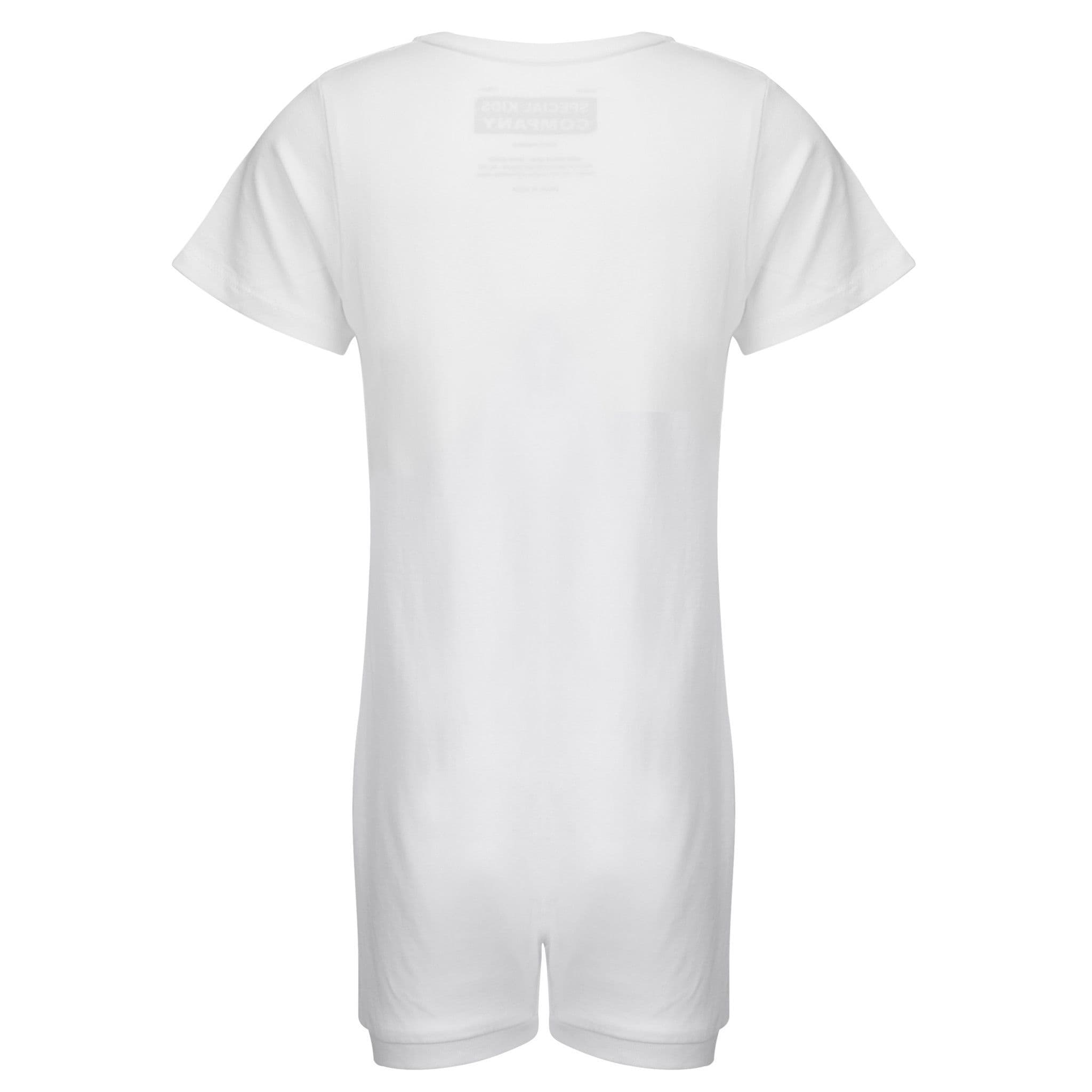 White short-sleeve romper shown from the back, featuring a subtle tonal graphic print on the upper back, set against a plain white background.