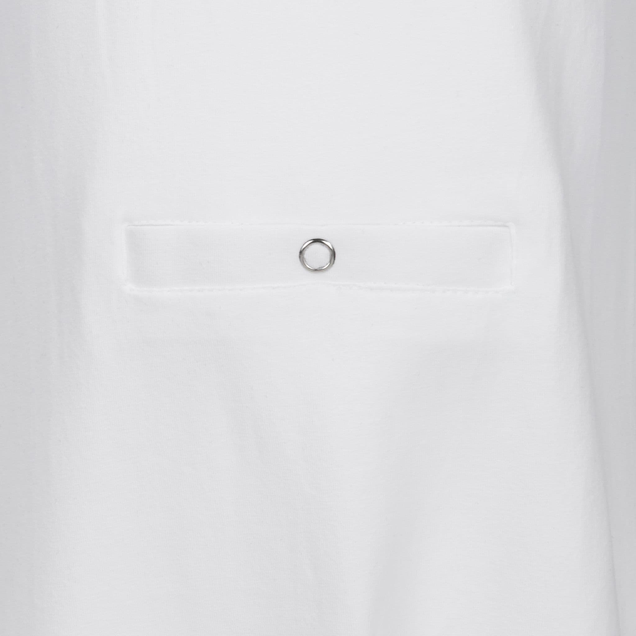 Close-up of a white fabric garment featuring a horizontal welt pocket with a single silver metal grommet closure.