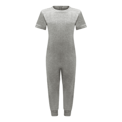 A light gray short-sleeve one-piece jumpsuit with a crew neck and ribbed cuffs, shown against a plain white background.
