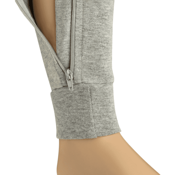 Gray zip-up hoodie on a mannequin arm against a white background