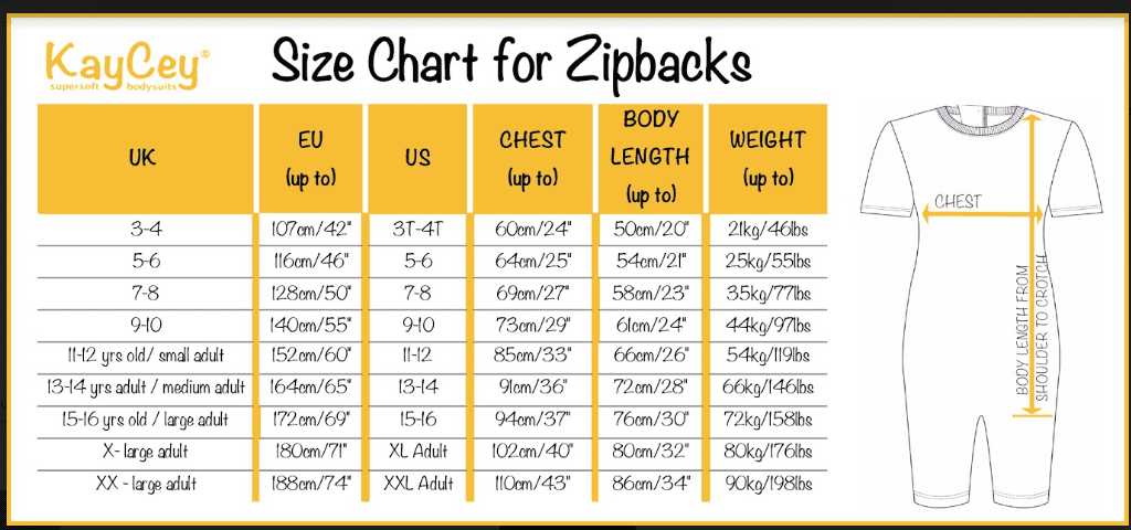 A size chart graphic for zipback clothing, titled 'Size Chart for Zipback' by KayCey. The chart includes a UK, US, Chest, Body Length, and Weight table on the left, a white t-shirt outline diagram on the right showing measurement lines, and a yellow header bar at the top.