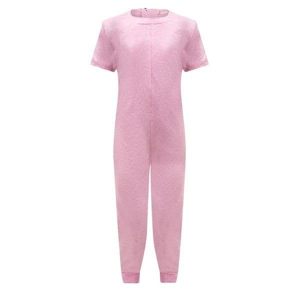 A light pink short-sleeve one-piece jumpsuit with a crew neck, shown on a plain white background.