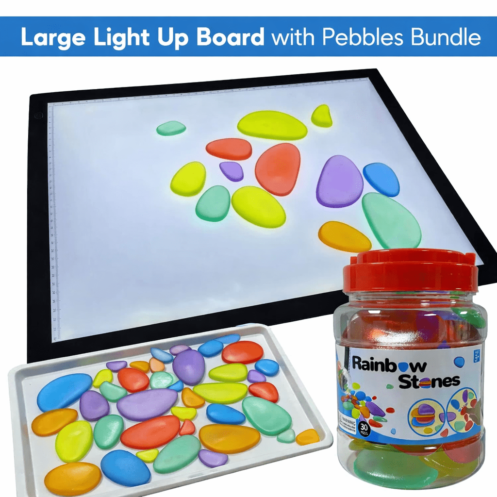 Large Light Up Board with Coloured Acrylic Pebbles – Sensory Play Bundle - 