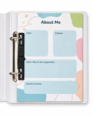 A white plastic binder with a metal ring closure holding a printed page titled "About Me" with pastel abstract shapes and text boxes for Likes, Dislikes, How I like to be supported, and Good to know.