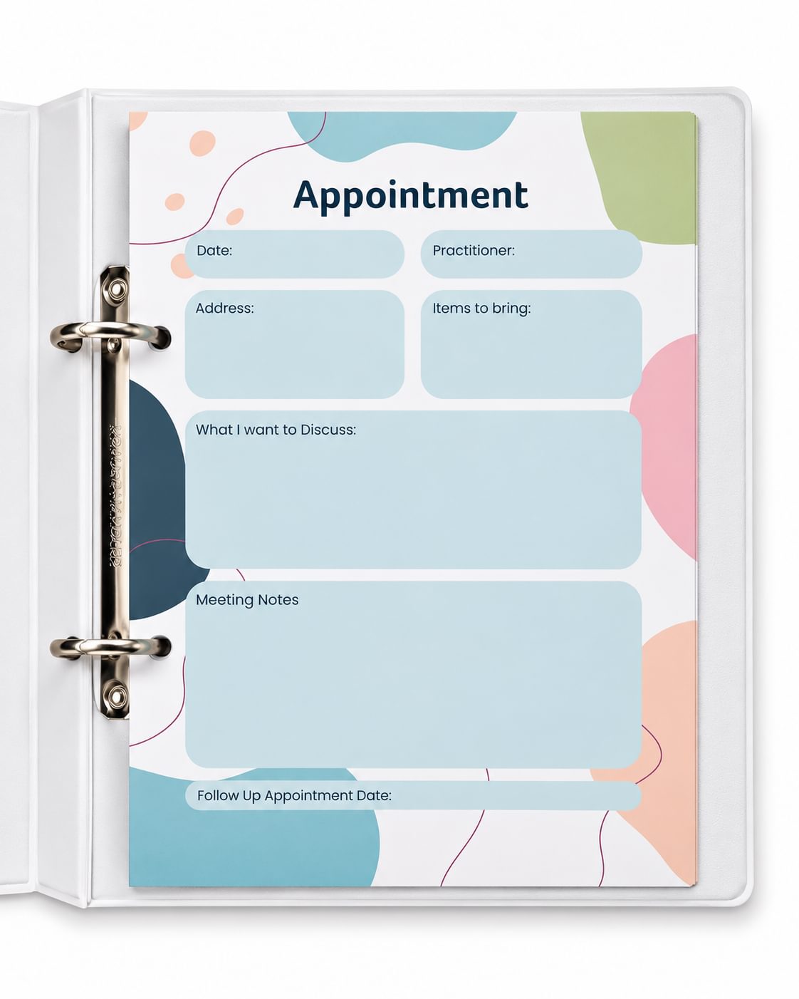 A white ring binder with a printed appointment planner page featuring pastel abstract shapes and fields for date, practitioner, address, items to bring, what to discuss, meeting notes, and follow-up date.