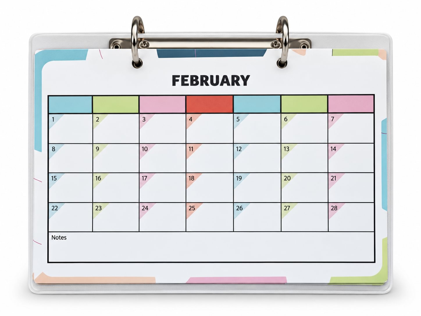 A clear plastic binder folder holding a February calendar page with pastel-colored day blocks and a notes section at the bottom.