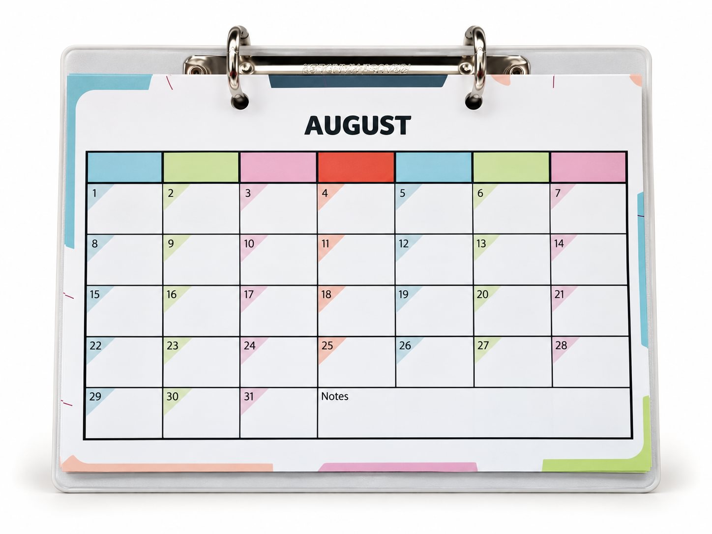 A clear plastic binder clip holds a white August calendar page with a colorful grid layout, shown on a clean white background.
