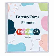 A Parent/Carer Planner from the brand fledglings, featuring a white cover decorated with colorful abstract shapes in pink, blue, green, and navy, and displayed inside a clear plastic sleeve.